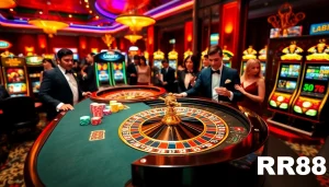 Players at the RR88 roulette table enjoying a high-stakes game with vibrant casino ambiance.