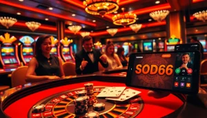 Engaging scene featuring the app SODO66 in use at a dynamic casino, complete with gamblers at a roulette table.