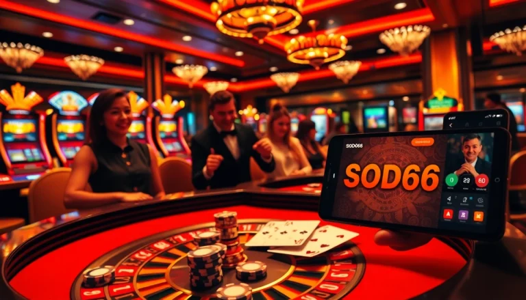 Engaging scene featuring the app SODO66 in use at a dynamic casino, complete with gamblers at a roulette table.