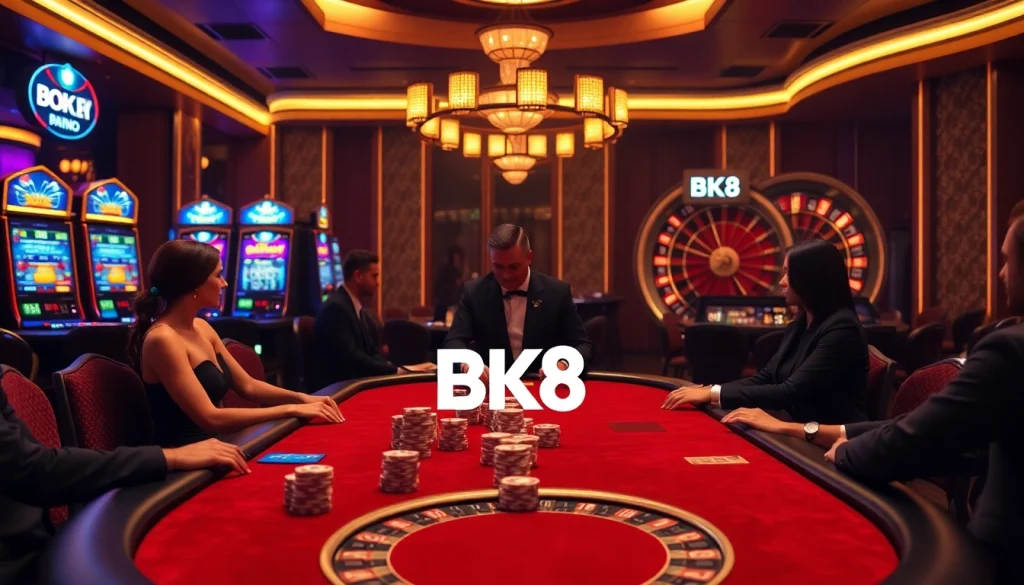 Experience thrilling gambling at BK8's luxury casino with poker tables and slot machines.