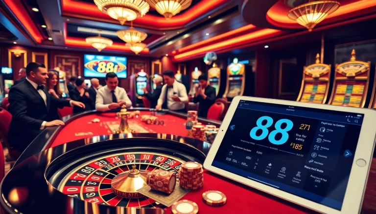 Players engaging in a high-stakes game at 88i's luxurious casino table with chips and roulette wheel.