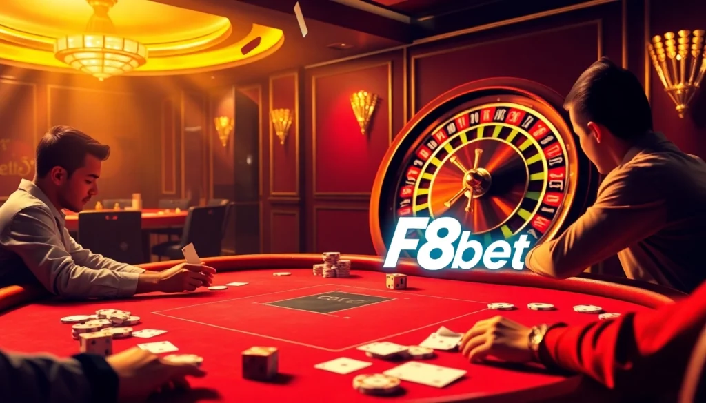 Players enjoying an intense poker game at F8bet casino table with roulette wheel in the background.