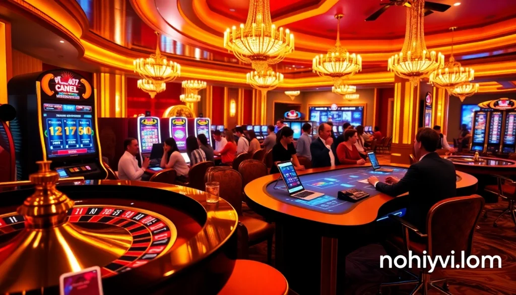 Nohuvina.com showcases an exciting online casino environment with roulette wheels and slot machines.