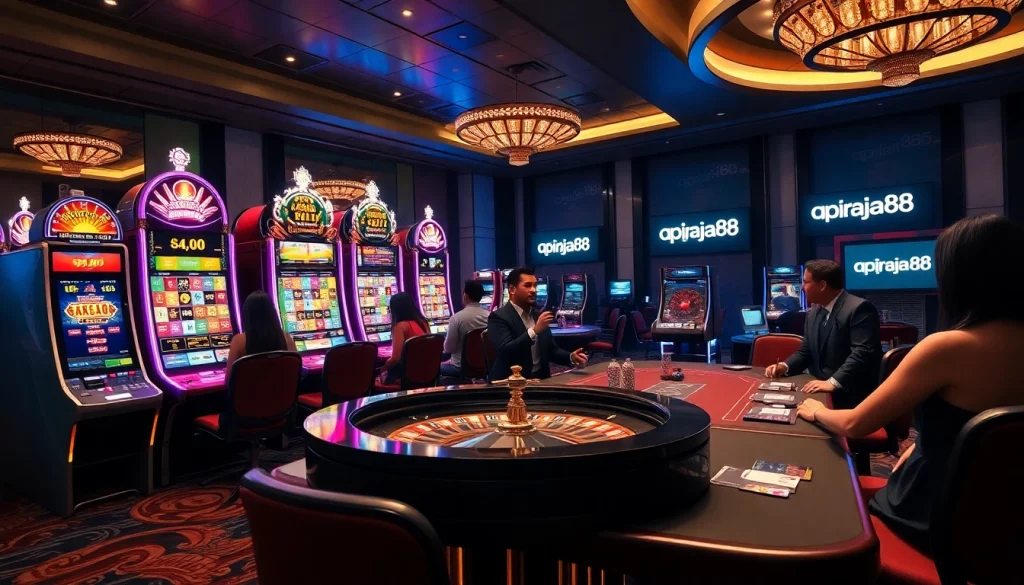 Experience the excitement of apiraja88 in a vibrant casino scene featuring slot machines and poker tables.