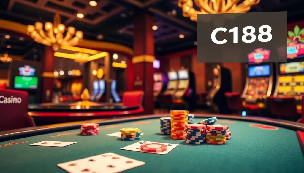 Experience the thrilling environment of C168 casino with poker tables and slot machines.