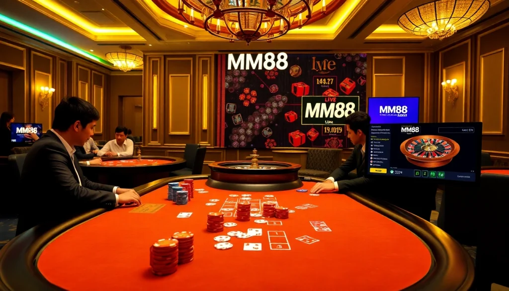 Exciting MM88 casino scene with poker table and roulette wheel highlighting high-stakes gambling.