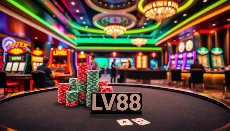Players engaging in high-stakes poker at LV88, showcasing vibrant casino thrills.