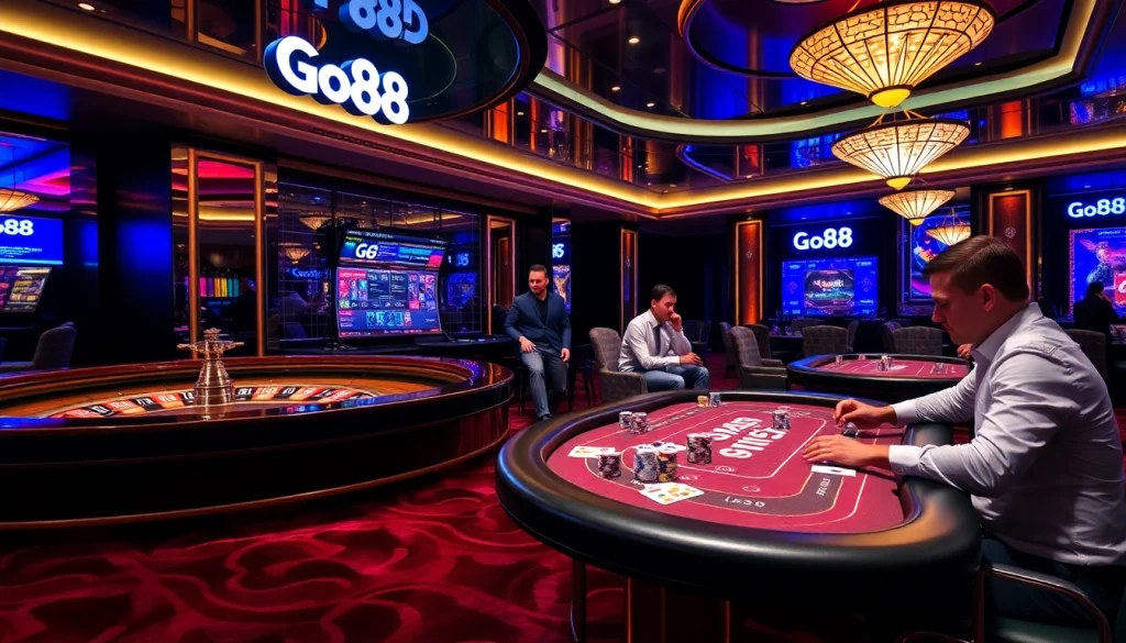 Players enjoying a thrilling time at the Go88 brand casino, showcasing poker chips and roulette excitement.