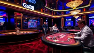 Players enjoying a thrilling time at the Go88 brand casino, showcasing poker chips and roulette excitement.