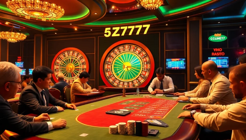 Engaging poker players at a casino table featuring 5Z777 gaming elements and vibrant ambiance.