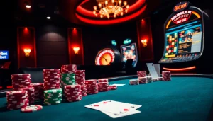 Experience the excitement at 8kbet casino with vibrant tables and elegant gaming elements.