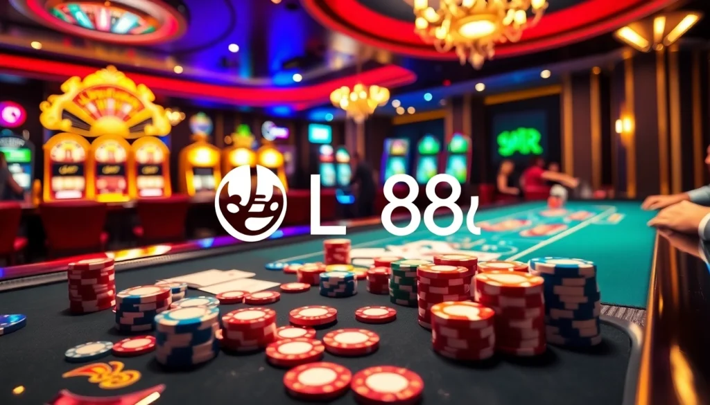 Experience the exciting atmosphere of LC88 with vibrant casino games and players enjoying the thrill of gambling.