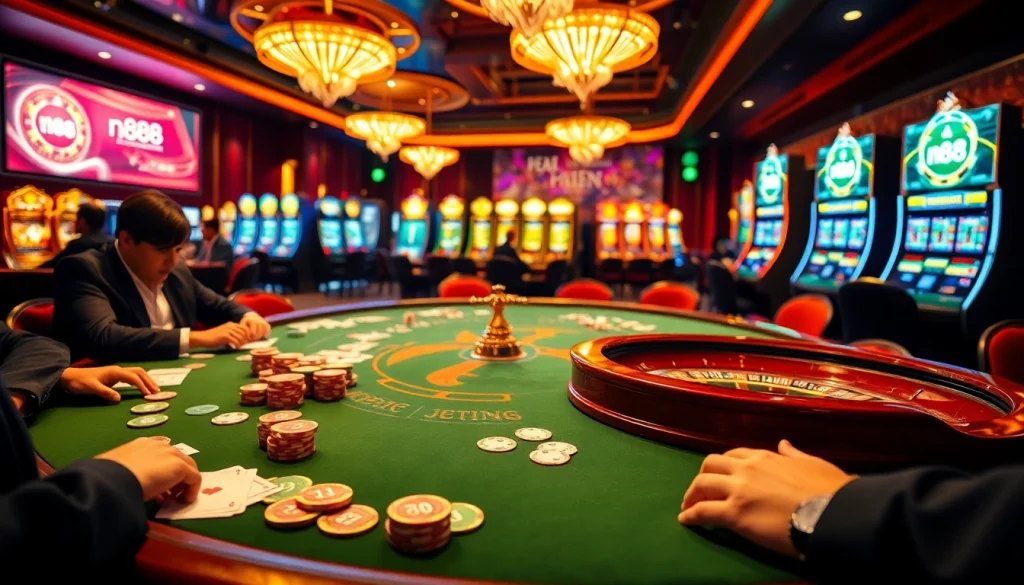 Experience the excitement of gambling with nh88 at a luxurious casino table filled with vibrant cards and chips.