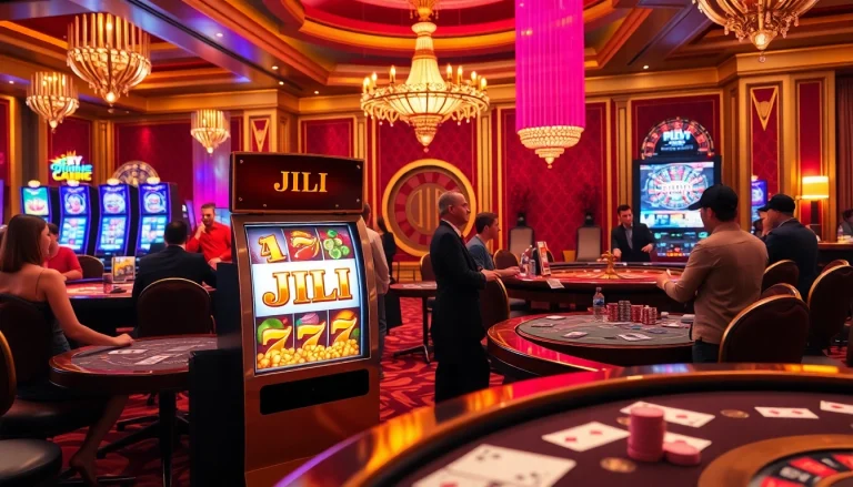 JILI slot machine attracts excited players in a luxurious casino atmosphere with elegant tables.