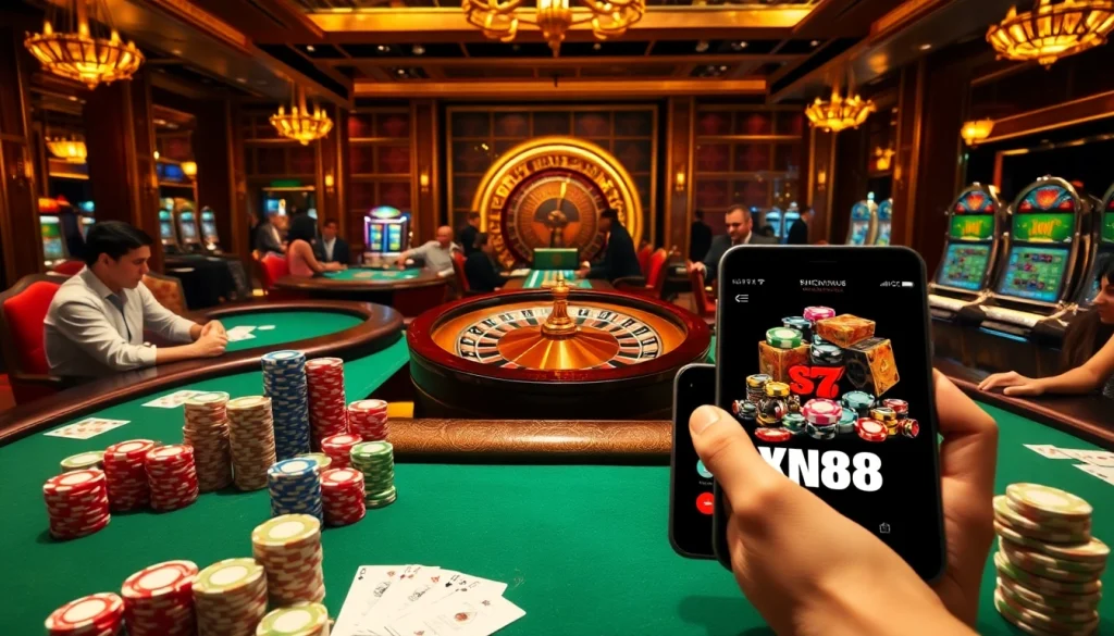 Experience excitement at XN88 with vibrant casino visuals, including slot machines and poker chips, as you tải game xn88.