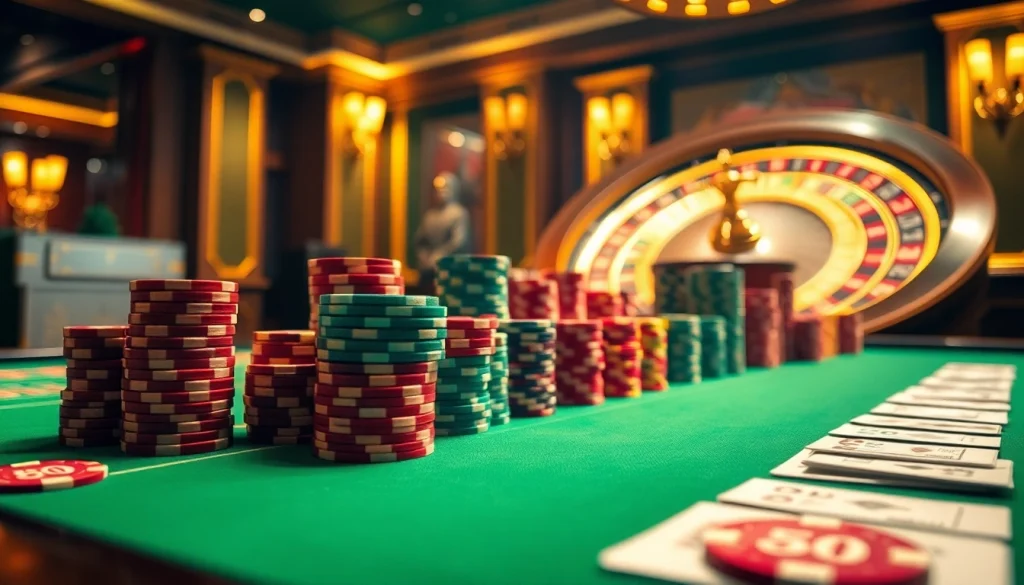 Exciting casino table scene featuring mb66 poker chips and cards in a luxurious setting.