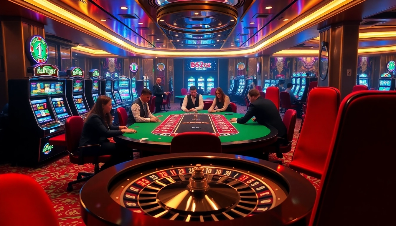Experience the thrill of gambling at B52club with players at a poker table and vivid slot machines.