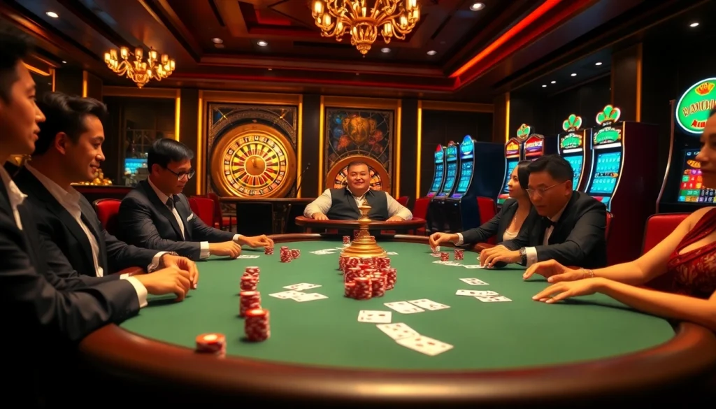 Engaging poker game showcasing liên minh kjc with vibrant chips and cards in a luxurious casino.