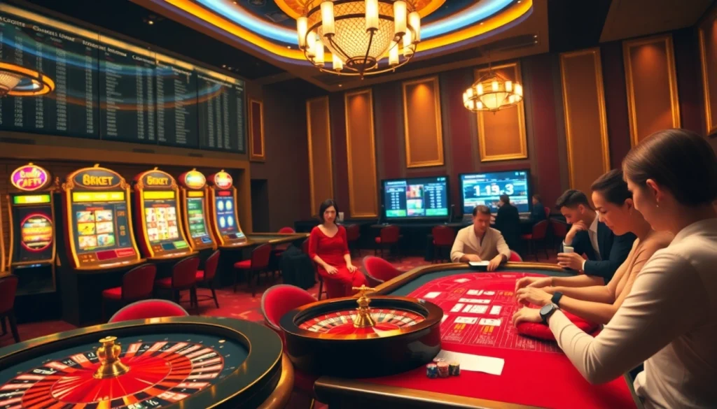 Players enjoying a thrilling game at 8KBET casino tables with vibrant chips and cards.