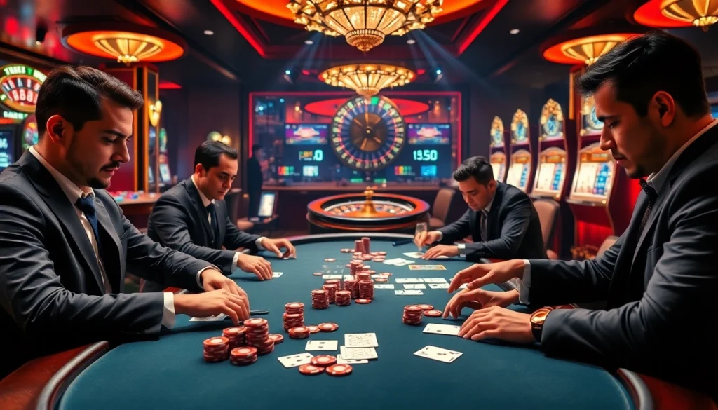 Spectators watch a thrilling poker game where sbobet link alternatif strategies are put to the test, featuring rich casino decor.