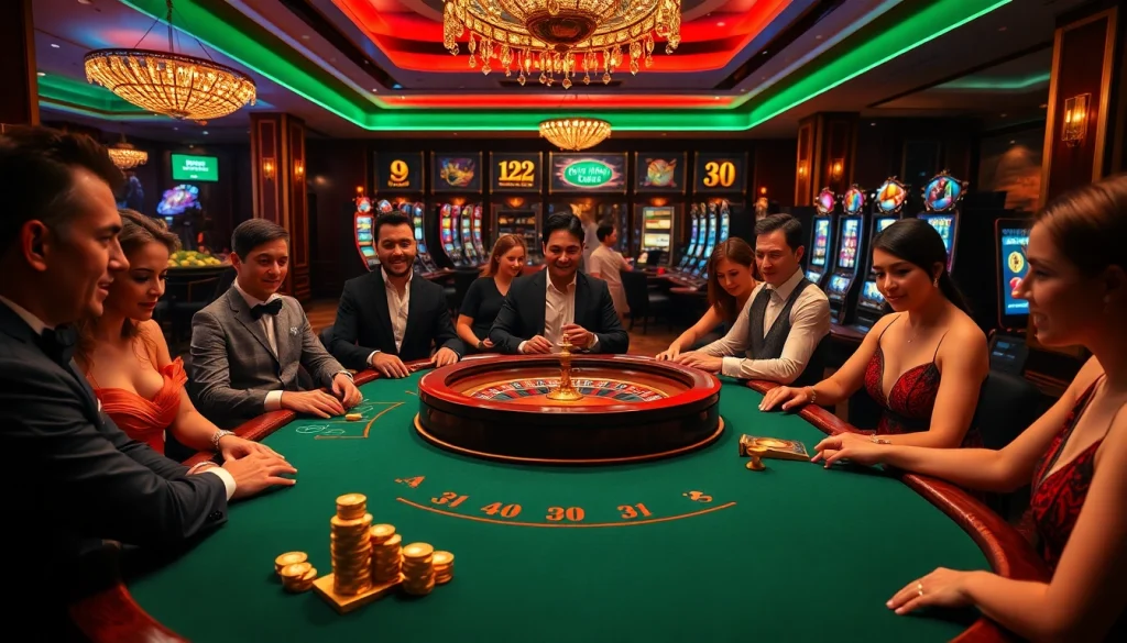 Players engage in an exciting game at the bem88 casino, showcasing vibrant poker chips and a luxurious atmosphere.