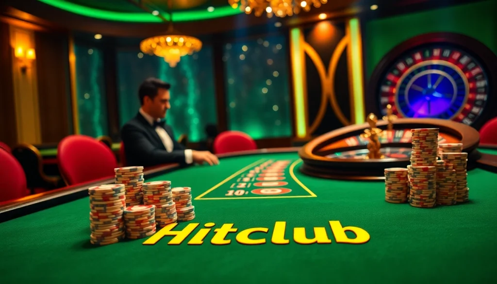 Hitclub poker game in a luxurious casino setting with vibrant chips and elegant players.