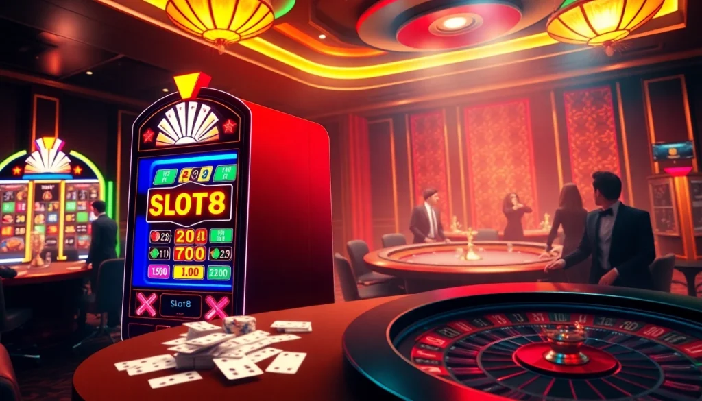 SLOTS8 slot machine sparks excitement in a luxurious casino scene with gamblers at play.