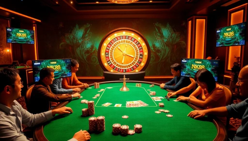 Excited players at the casino poker table enjoying NK88 game action amid vibrant atmosphere.