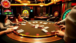 Xóc đĩa table surrounded by excited players in a luxurious casino environment with vibrant colors.