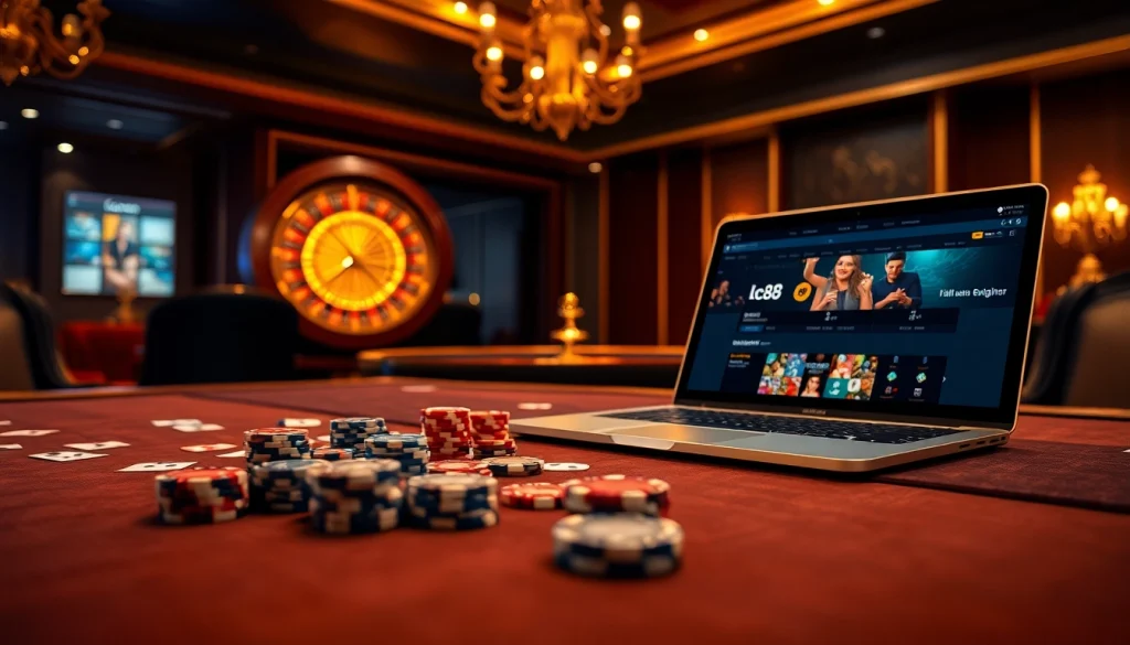 Experience high-stakes action at lc88 with luxurious casino tables and vibrant poker chips.
