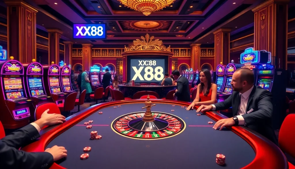 Experience the excitement of XX88 with players enjoying poker at a vibrant casino.