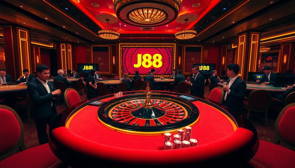J88 players spinning the roulette wheel in a luxurious casino setting.