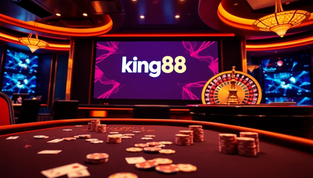king88 casino table with vibrant poker chips and cards creating an exciting gambling atmosphere