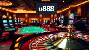 Engage in thrilling games at u888 with vibrant casino tables and spinning roulette wheels.