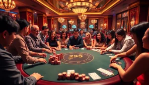 Exciting Texas Hold'em table scene at https://rr88co.net/ with diverse players, poker chips, and high stakes.