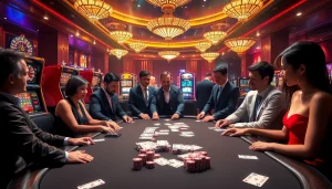 Hitclub players engaged in a high-stakes poker game surrounded by rolling dice and chips.