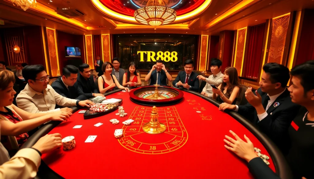 Engaged gamblers enjoying a TR88 gaming experience at a luxurious casino table.