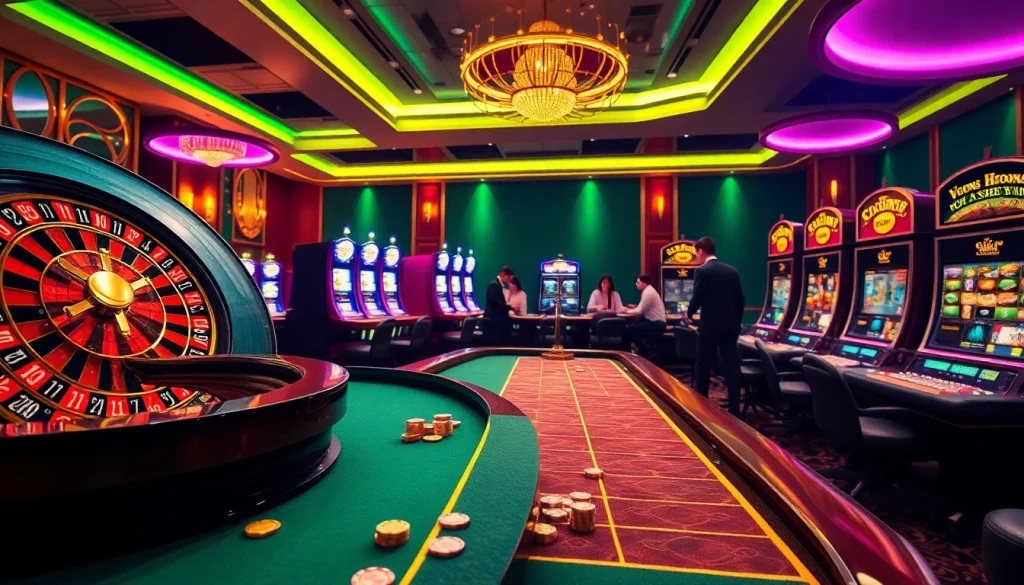 Experience the excitement of Nhà cái ABC8 in this vibrant casino scene filled with roulette wheels and poker tables.
