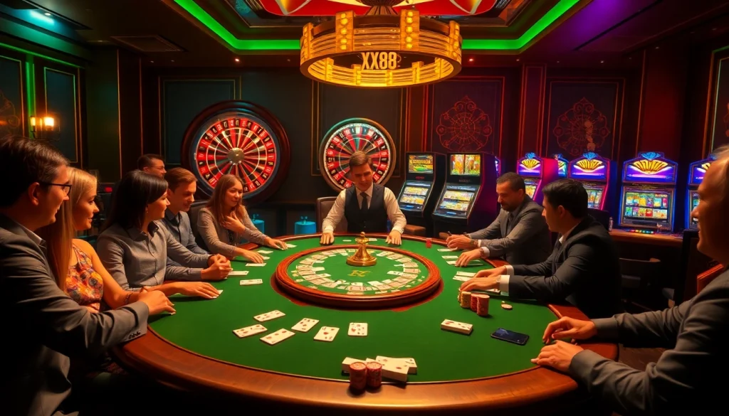 Experience the excitement of XX88 in a luxurious casino setting with poker and roulette.