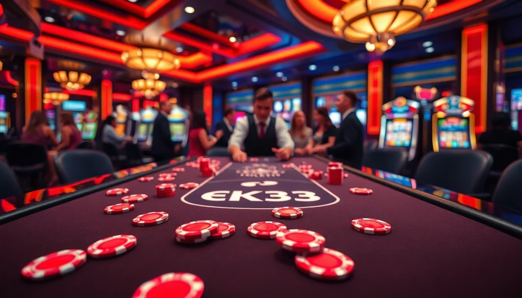 Experience the excitement of EK333 gaming at a luxurious casino table with vibrant poker action.
