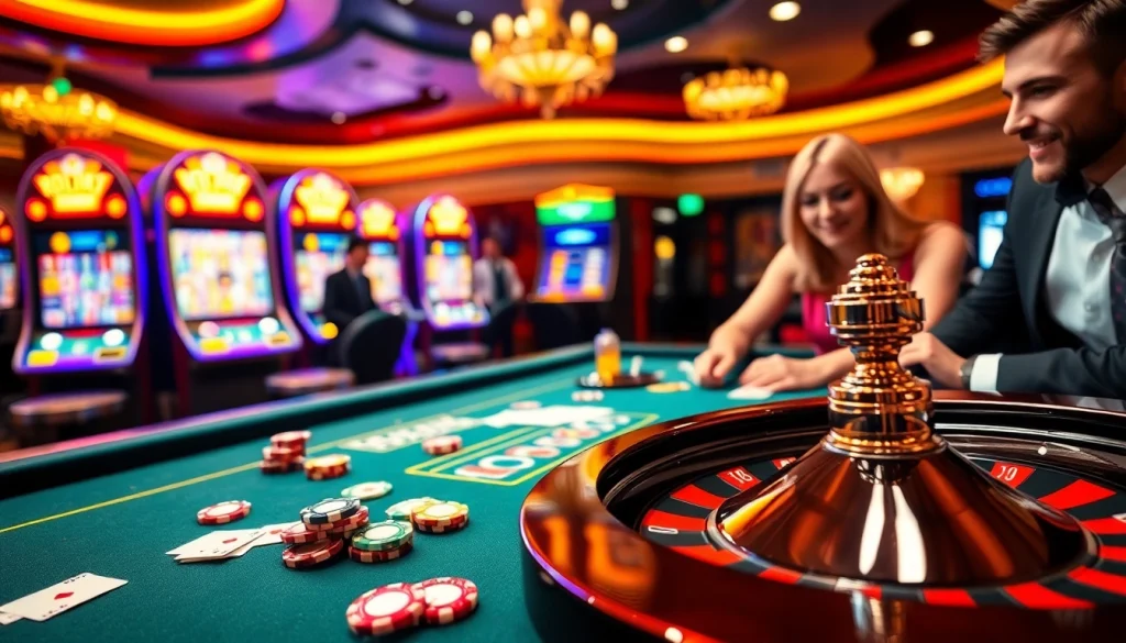 Experience the thrill of game bài đổi thưởng at an upscale casino table with vibrant poker chips.