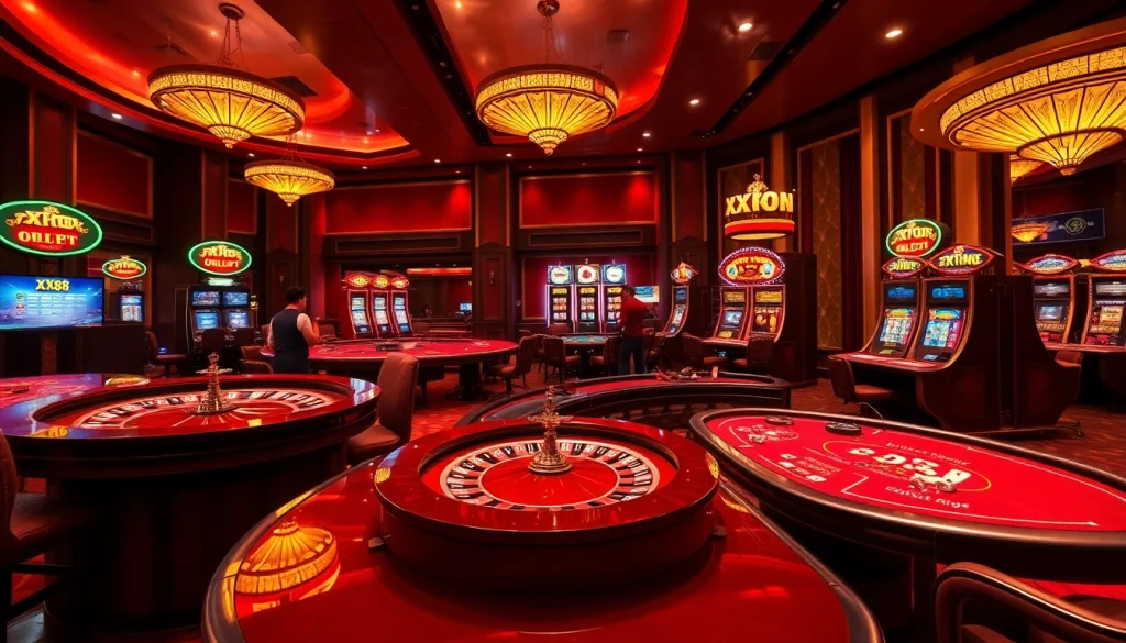 XX88 gaming experience featuring luxurious casino tables and vibrant slot machines.