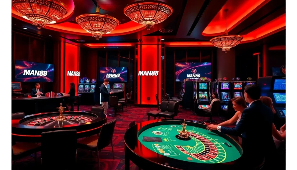 Exciting casino gaming experience at Man88, featuring roulette wheels and poker chips.
