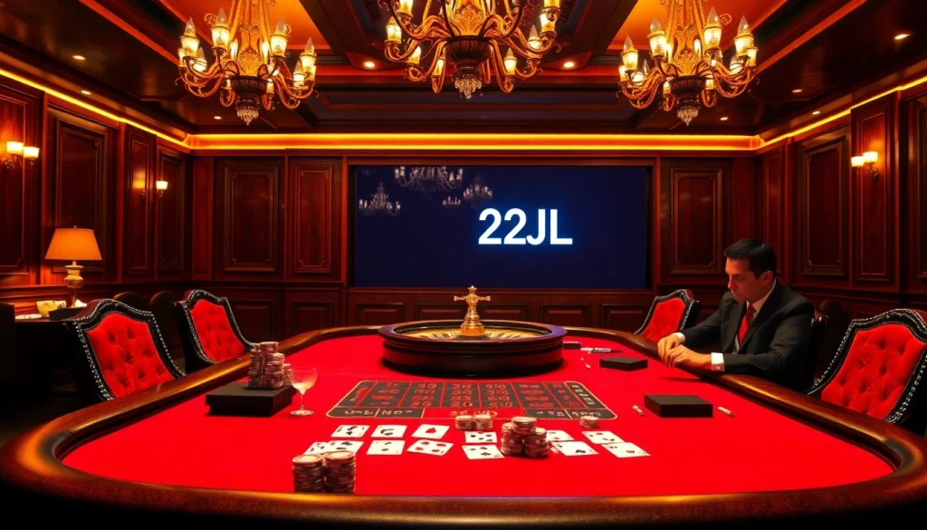 Experience 22JL excitement at a luxurious casino with poker chips, cards, and a roulette wheel.