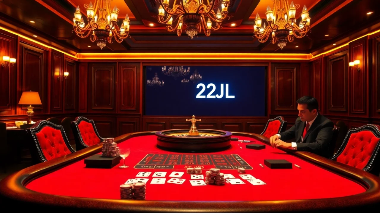 Experience 22JL excitement at a luxurious casino with poker chips, cards, and a roulette wheel.