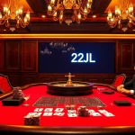 Experience 22JL excitement at a luxurious casino with poker chips, cards, and a roulette wheel.