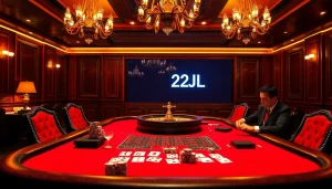 Experience 22JL excitement at a luxurious casino with poker chips, cards, and a roulette wheel.
