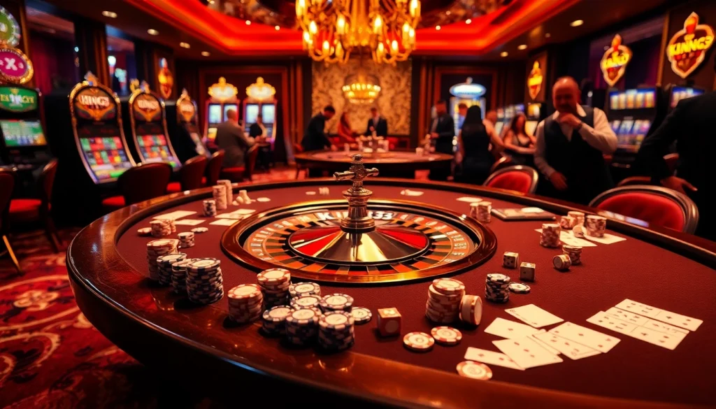 Players enjoying high-stakes poker at king33 gaming table, surrounded by luxury and excitement.