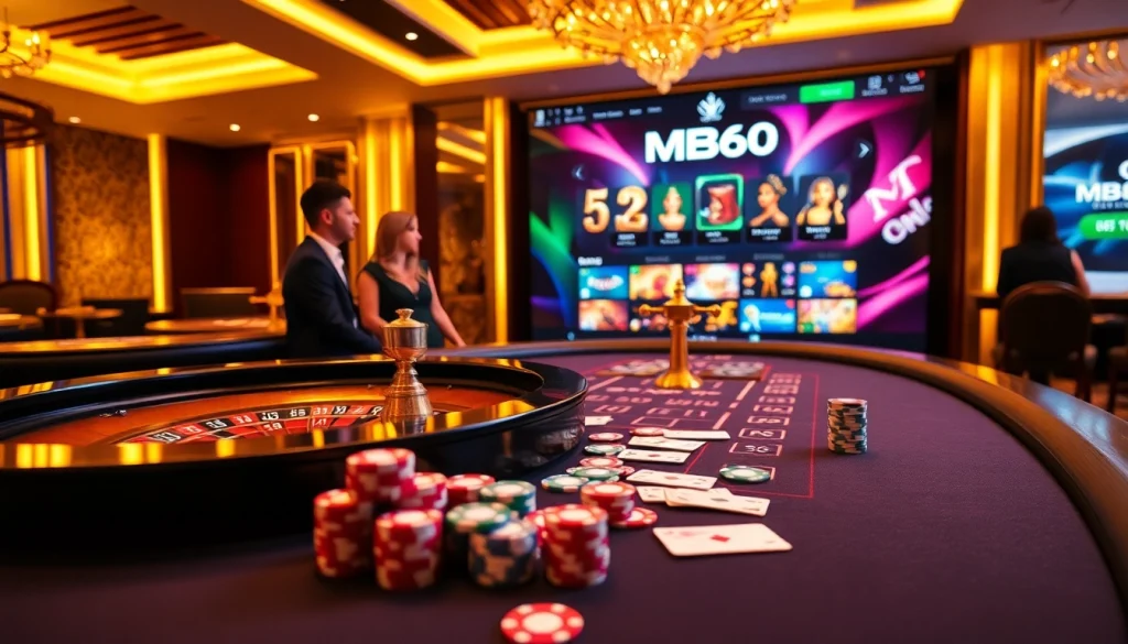 MB66 players engaging at a luxurious casino table with vibrant chips and cards.