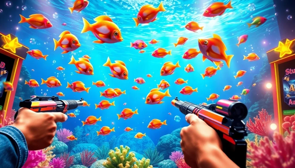 Bắn cá đổi thưởng game scene with players shooting colorful fish in an immersive underwater environment.